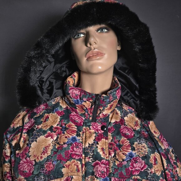 Vintage 80s Floral Puffer Ski Jacket Coat Black Faux Fur Trim Oversized size L - Picture 6 of 16